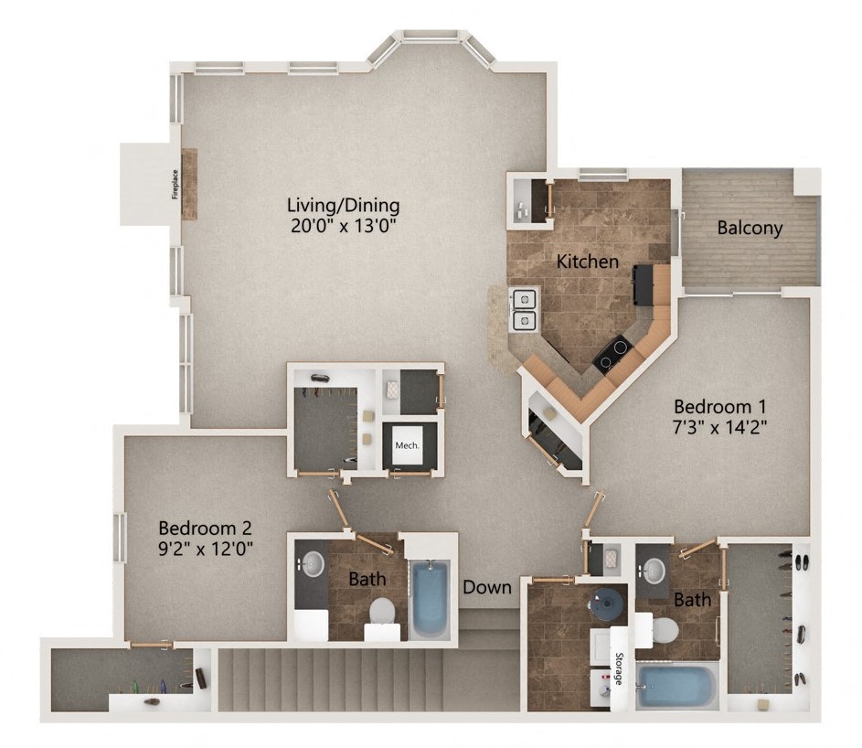 Floor plan for 2 beds, 2 baths, 1349 sqft